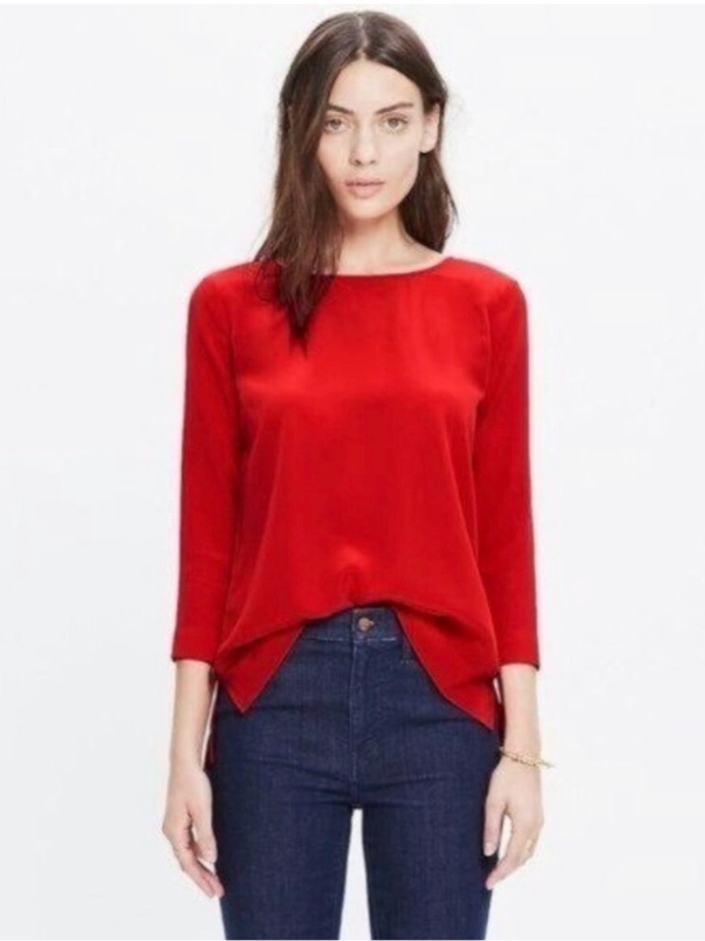 Madewell Retrospect Women's Medium Enamel Red Silk Scoop Neck 3/4 Sleeve Blouse